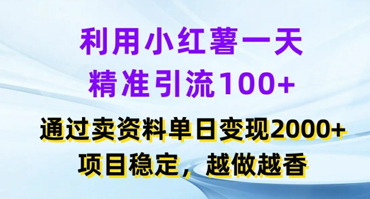 利用小红书一天精准引流100+，通过卖项目单日变现2k+，项目稳定，越做越香【揭秘】-第一资源库