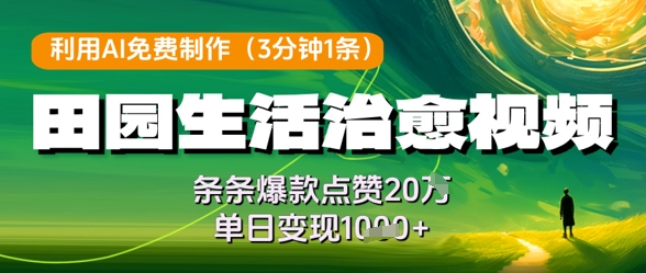 利用AI免费制作田园生活治愈视频，条条爆款点赞20W，单日变现几张-第一资源库