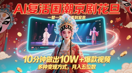 AI复活国潮京剧花旦，一颦一笑美到窒息，10分钟做出10W+爆款视频，多种变现方式，月入五位数-第一资源库