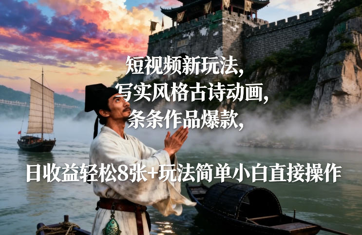 短视频新玩法,写实风格古诗动画,条条作品爆款,日收益轻松8张+玩法简单小白直接操作-第一资源库