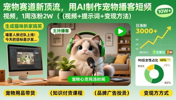 宠物赛道新顶流，用AI制作宠物播客短视频，1周涨粉2W（视频+提示词+变现方法）-第一资源库