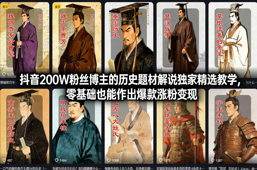 抖音200W粉丝博主的历史题材解说独家精选教学，零基础也能作出爆款涨粉变现-第一资源库