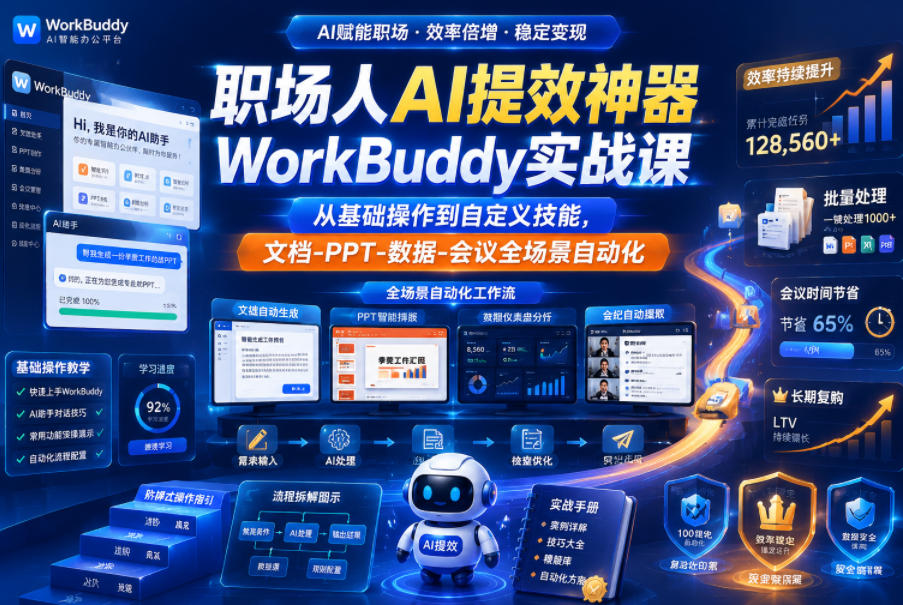 职场人AI提效神器WorkBuddy实战课,从基础操作到自定义技能,文档-PPT-数据-会议全场景自动化-第一资源库