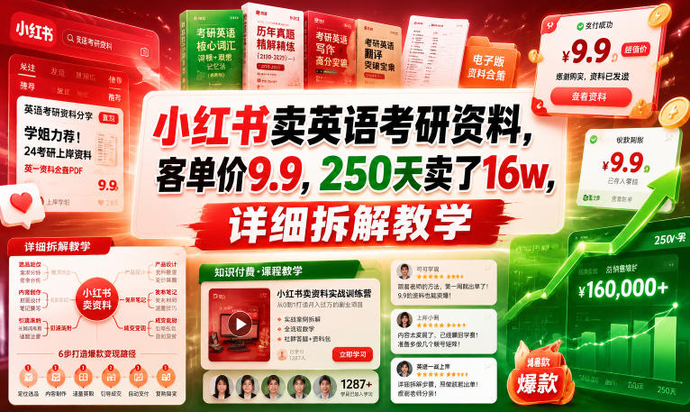 小红书卖英语考研资料，客单价9.9，250天卖了16w，详细拆解教学-第一资源库