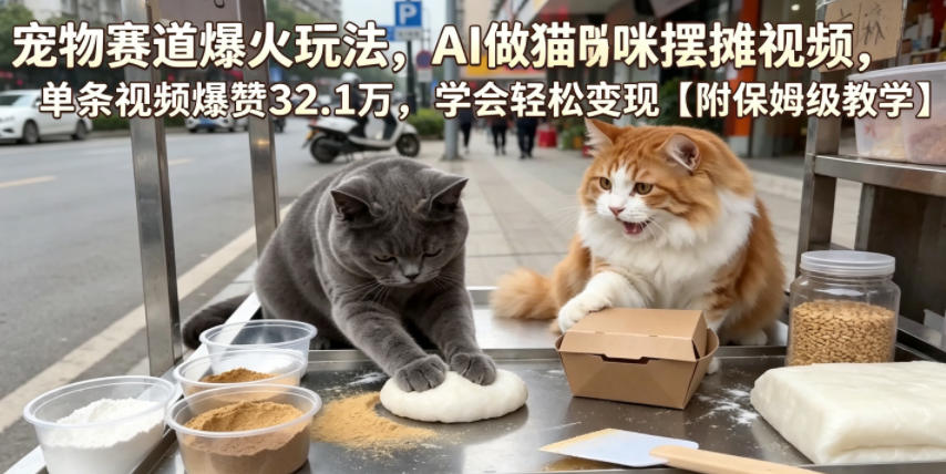 宠物赛道爆火玩法，AI做猫咪摆摊视频，单条视频爆赞32.1万，学会轻松变现【附保姆级教学】-第一资源库