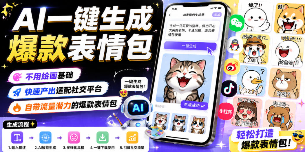 AI一键生成爆款表情包，不用绘画基础，快速产出适配社交平台，自带流量潜力的爆款表情包-第一资源库