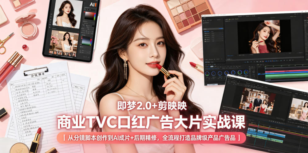 即梦2.0+剪映商业TVC口红广告大片实战课|从分镜脚本创作到AI成片+后期精修,全流程打造品牌级产品广告-第一资源库