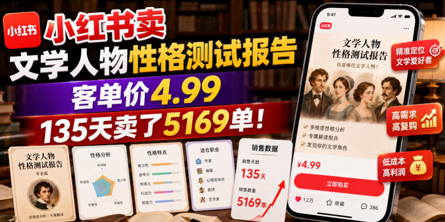 小红书卖文学人物性格测试报告，客单价4.99，135天卖了5169单！-第一资源库