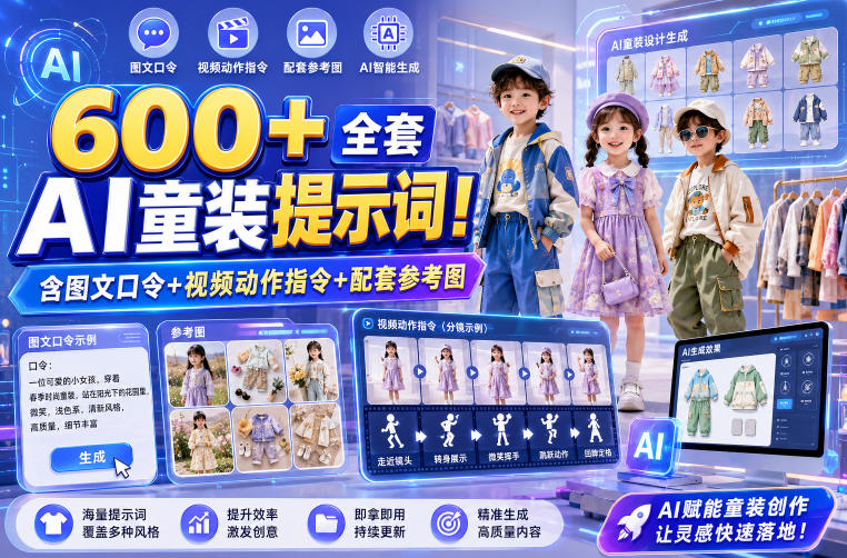 600+全套AI童装提示词！含图文口令+视频动作指令+配套参考图，Word-Excel规整分类，童装电商、种草无脑量产内容！-第一资源库