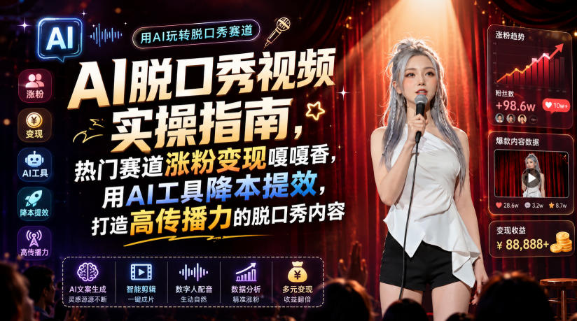 AI脱口秀视频实操指南，热门赛道涨粉变现嘎嘎香，用AI工具降本提效，打造高传播力的脱口秀内容-第一资源库