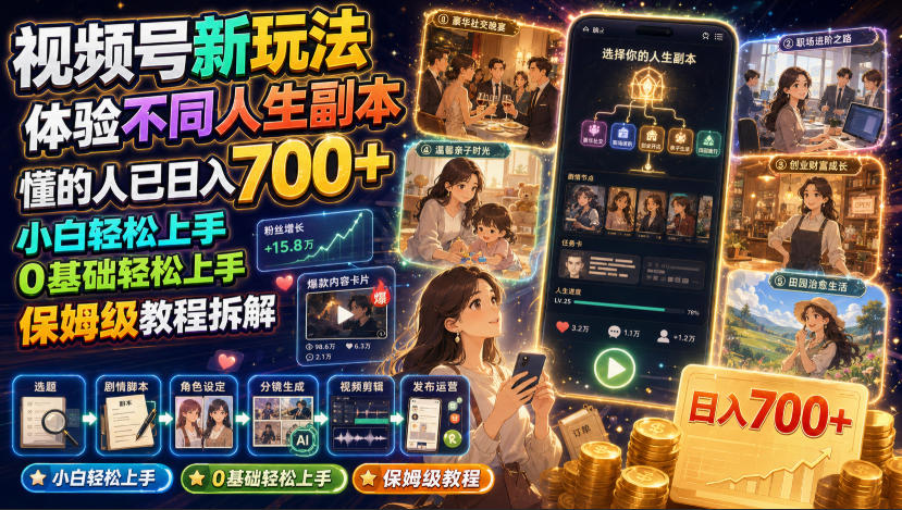 视频号新玩法体验不同人生副本,懂的人已日入700+,小白轻松上手,0基础轻松上手,保姆级教程拆解-第一资源库