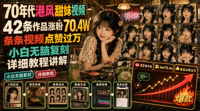70年代港风甜妹视频,42条作品涨粉70.4W,条条视频点赞过万,小白无脑复刻,详细教程讲解-第一资源库