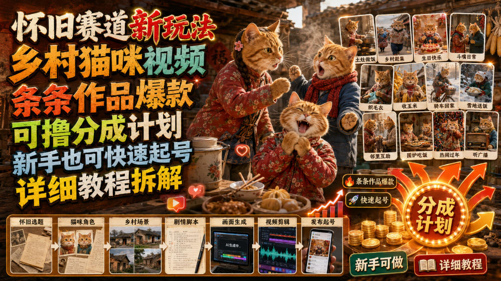 怀旧赛道新玩法，乡村猫咪视频，条条作品爆款，可撸分成计划，新手也可快速起号，详细教程拆解-第一资源库