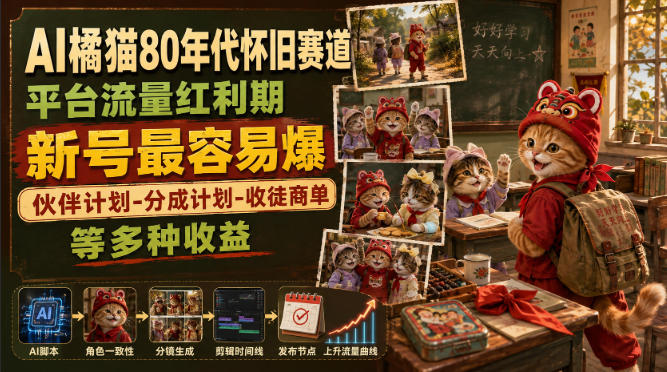 AI橘猫80年代怀旧赛道,平台流量红利期,新号最容易爆,伙伴计划-分成计划-收徒商单等多种收益-第一资源库