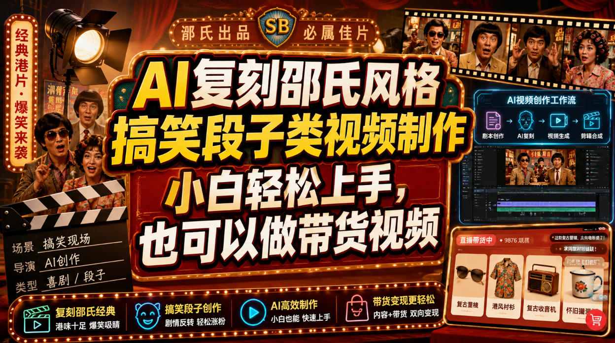 AI复刻邵氏风格搞笑段子类视频制作，小白轻松上手，也可以做带货视频-第一资源库