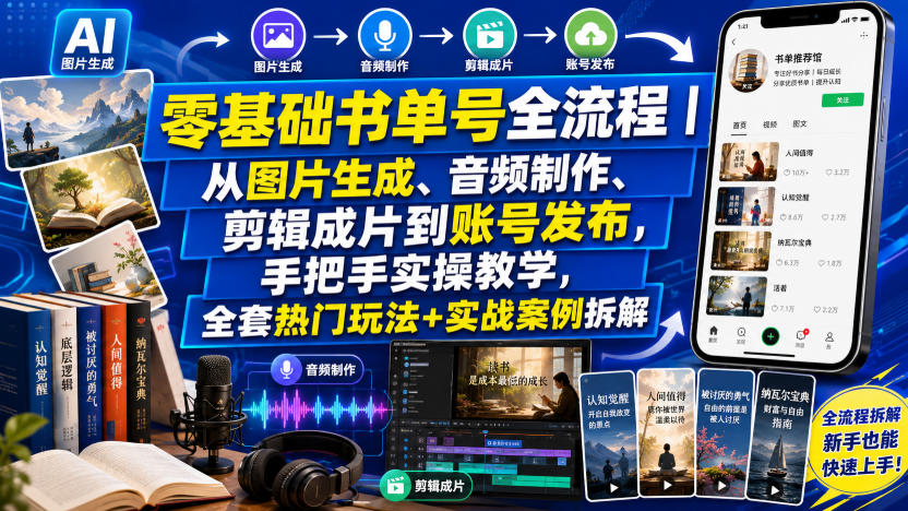零基础书单号全流程|从图片生成、音频制作、剪辑成片到账号发布,手把手实操教学,全套热门玩法+实战案例拆解-第一资源库