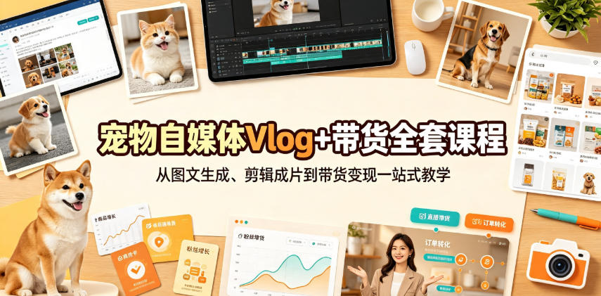 宠物自媒体Vlog+带货全套课程|从图文生成、剪辑成片到带货变现一站式教学-第一资源库