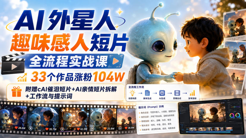 AI外星人趣味感人短片全流程实战课,33个作品涨粉104W,附赠AI催泪短片+AI亲情短片拆解+工作流与提示词-第一资源库