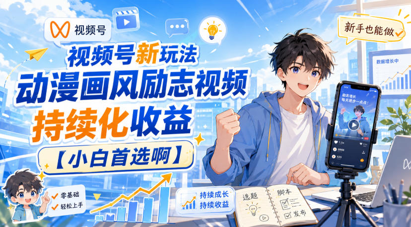 视频号新玩法动漫画风励志视频,持续化收益【小白首选啊】-第一资源库