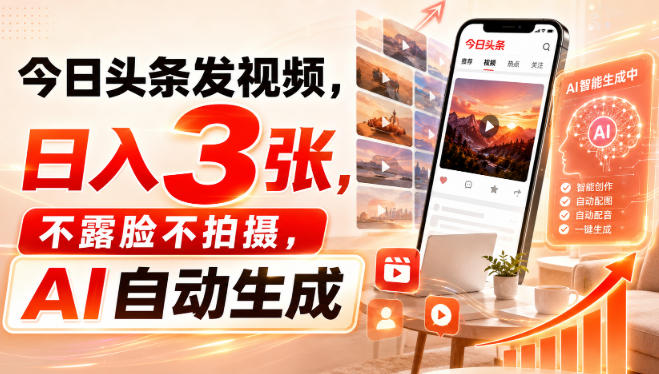 今日头条发视频,日入3张,不露脸不拍摄,AI自动生成-第一资源库