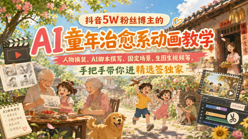 抖音5W粉丝博主的AI童年治愈系动画教学,人物换装、AI脚本撰写、固定场景、生图生视频等,手把手带你进精选签独家-第一资源库