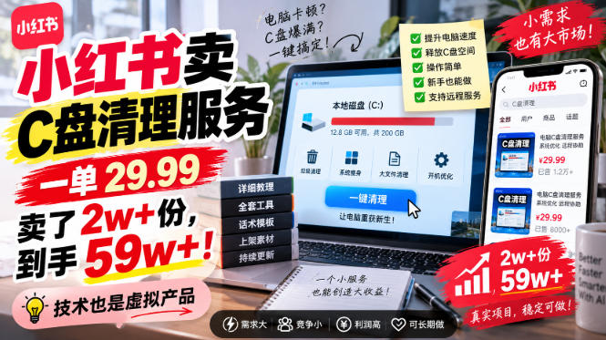 小红书卖C盘清理服务,一单29.99,卖了2w+份,技术也是虚拟产品-第一资源库