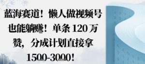 蓝海赛道,懒人做视频号也能躺挣,单条120W赞,分成计划直接拿1.5k,不用拍不用剪-第一资源库