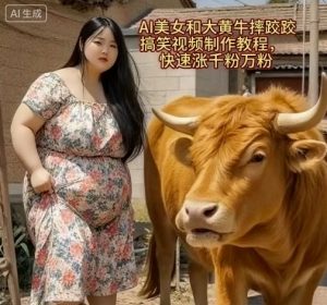 AI美女和大黄牛摔跤搞笑荒诞视频制作教程,快速涨千粉万粉-第一资源库