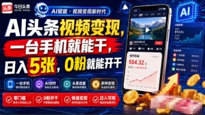 AI头条视频变现，一台手机就能干，日入5张，0粉就能开干-第一资源库